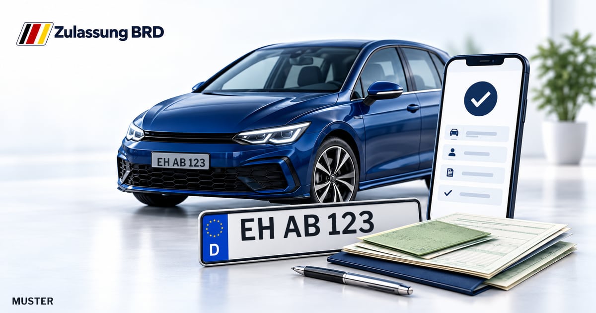 Online Fahrzeugzulassung in Fürstenwalde: Musterkennzeichen EH AB 123, Auto und Fahrzeugpapiere und Smartphone. Illustration mit Logo von Zulassung BRD.